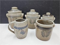 Signed Pottery Cannisters & Pitcher