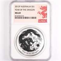 2012 Silver 1oz Year of the Dragon NGC MS69