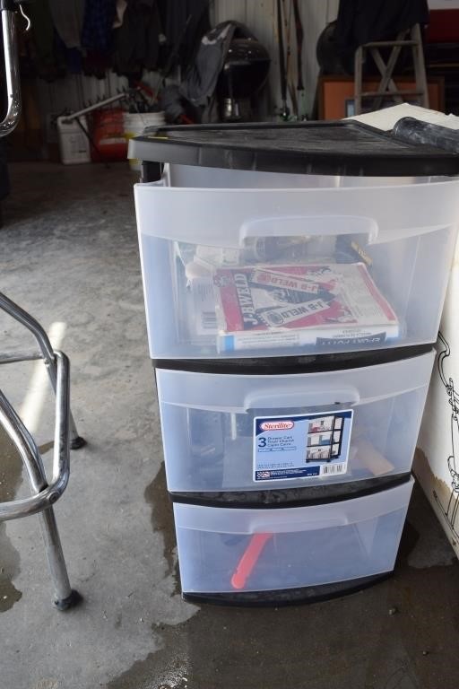 3 DRAWER PLASTIC STORAGE BIN & MISC. ITEMS