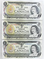 3x Billet UN DOLLAR 1973 canadien en très bon état