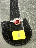 Garnet Colored Round Stone Sz 9 3/4 Marked 925