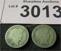 1907 and 1912 D Barber silver dimes