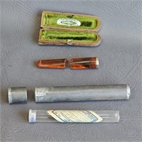 Cigar Holder in Case & Tin/Glass Cigar Tube -as is