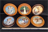 Vintage Collector Plates in Round Wood Frames x6