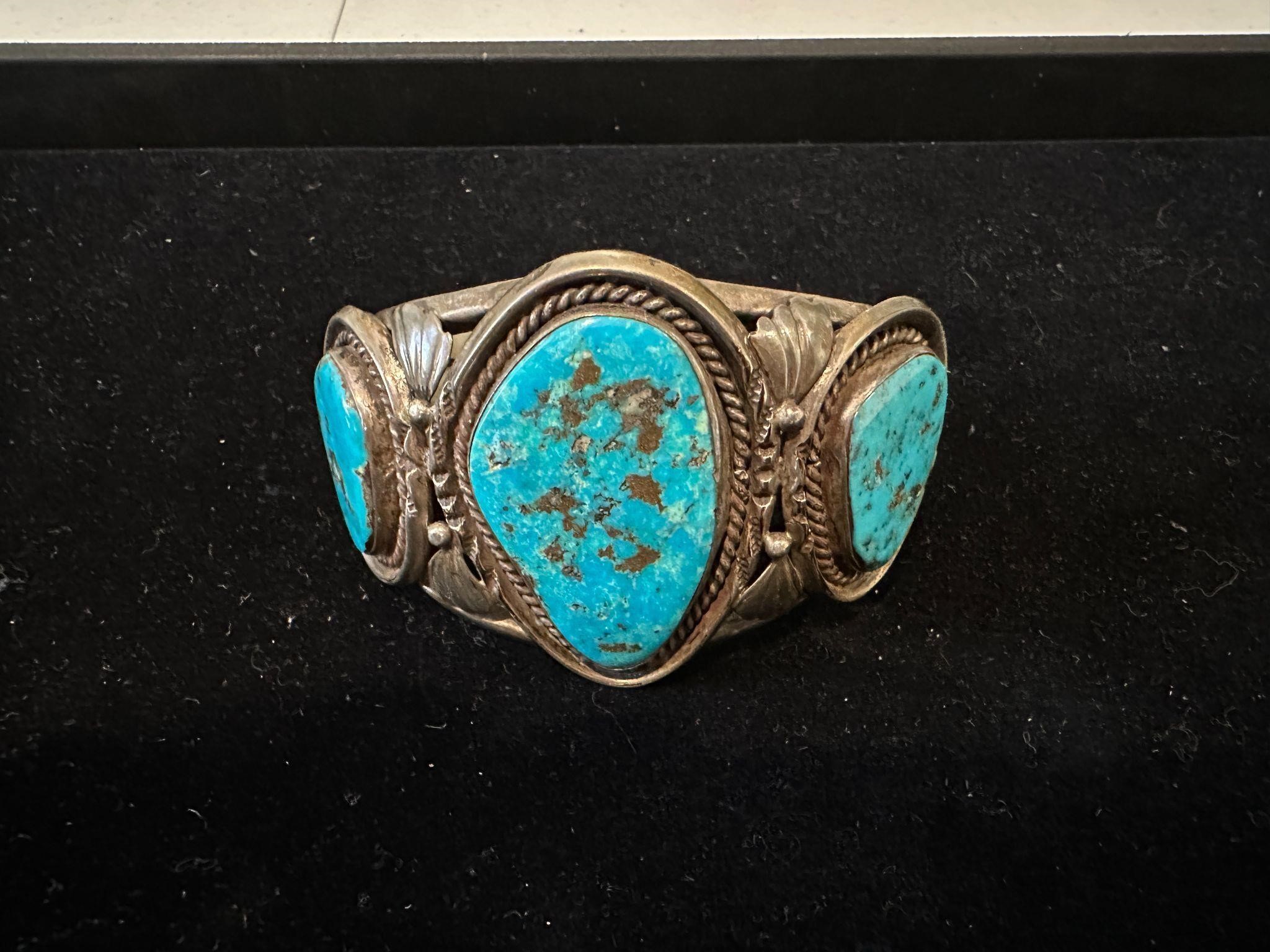 Signed Native American Silver & Turquoise Cuff