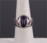Sterling Silver Ring Purple Cabochon w/ Red Enamel