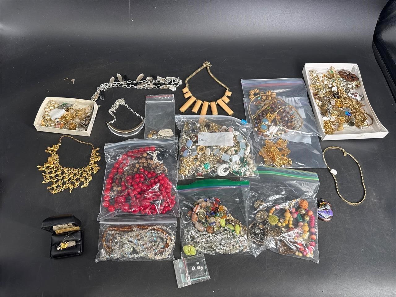 FLAT LOT OF COSTUME JEWELRY NECKLACES WATCHES +