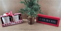 2 Rae Dunn Coffee Mugs  & Faux Trees