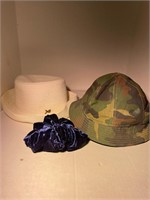 velvet scrunchie, camo hat and betmar white hat