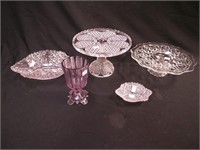Four pieces of cut glass: two cake stands, one