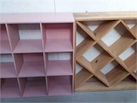 Pink cubby shelf and a wooden wall hung Cubbies