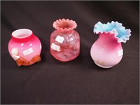 Three pink art glass vases: 4" with applied