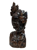 Antique Detailed Dark Wood Carving Woman Statue