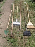 Child's Shovel, (2) Brooms, (2) Mop Handles