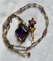Purple stone set, necklace and flower brooch