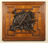 19th CENTURY CARVED WAR TROPHY MOUNTED PLAQUE