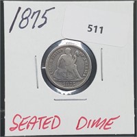 1875 90% Silver Seated Dime 10 Cents