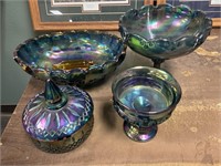 4 blue carnival glass pieces large stem bowl has