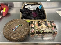 Purse, antique boxes doilies