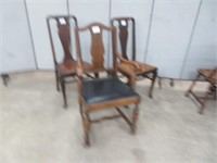 PAIR OAK CHAIRS & OPEN ARMCHAIR W/ LEATHER SEATS