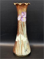 Vintage Hand Painted Iris Porcelain Vase Signed MK