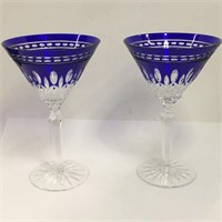 Pair Of Waterford Blue Cut To Clear Glasses