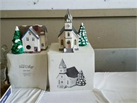 Snow Village Farmhouse and church with boxes