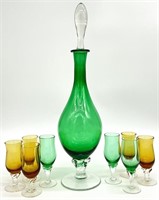 Blown Art Glass Decanter & 8 Glasses