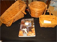 3 Longaberger baskets & book, largest is 8" x 7"t