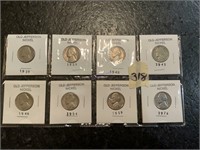 Eight old Jefferson nickels