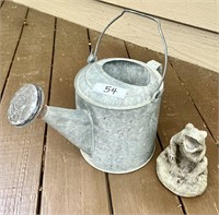 Small galvanized watering can, concrete frog