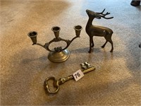 BRASS REINDEER AND CANDLE HOLDER, ETC.