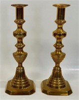 NICE ANTIQUE SHAPED BRASS PUSH UP CANDLE STICKS