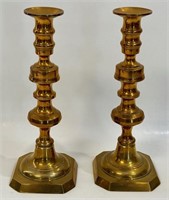 GREAT ANTIQUE SHAPED BRASS PUSH UP CANDLE STICKS