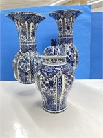 2 Vases and Lidded Urn - Matching Blue/White