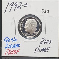 1992-S 90% Silver Proof Roos Dime 10 Cents