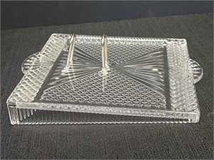 Clear glass, elevated dish w/metal loops