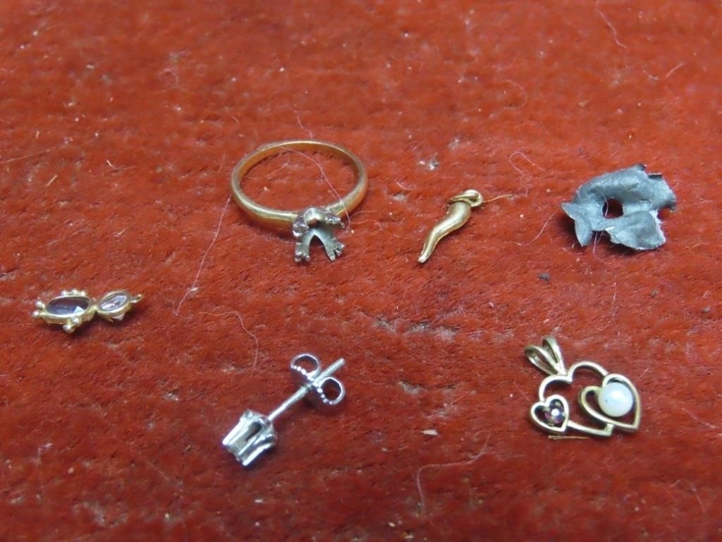 Dental gold, 14k, 10k. Ring, charms, earring.