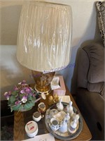 2 TABLE LAMPS, HANGING LAMP, BELLS & TRAY