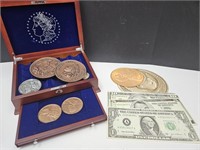 Wooden Coin Box w/Various "Coins"