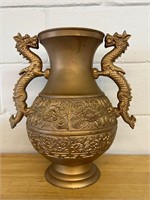 Vintage Chinoiserie Brass Urn Vase Dragon Handles