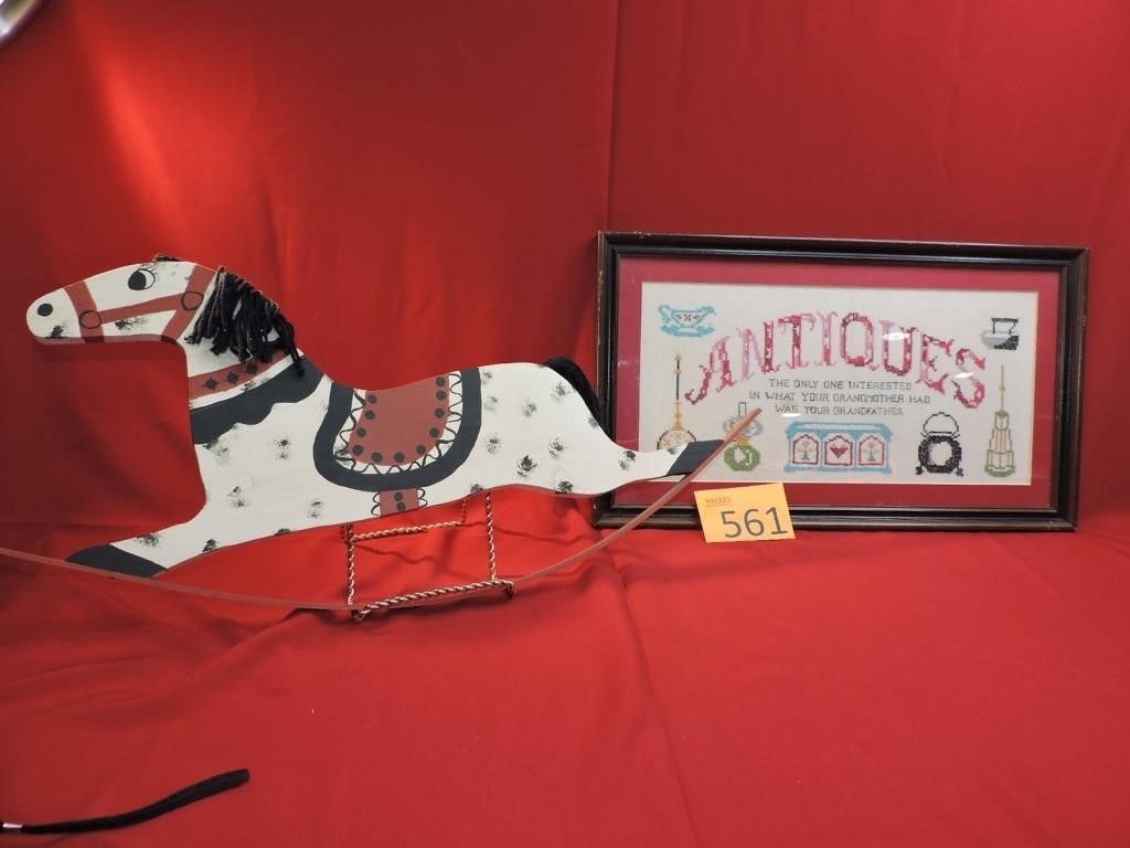 Vintage Rocking Horse Sign & Framed Cross Stitch