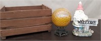 Wood Crate, Yellow Gazing Ball, Gnome Statue