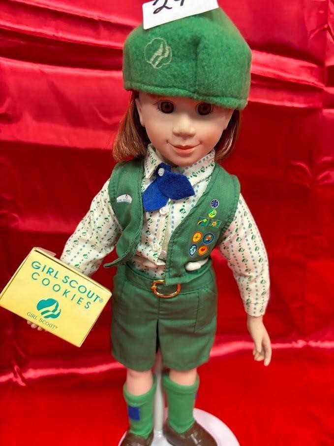 VTG Porcelain doll, Girl scout w/ stand