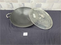 Large heavy steel wok pan with lid