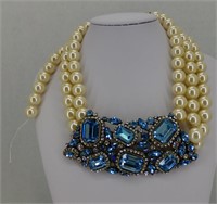 16" Large Pearl Blue Crystal Necklace *Broken*