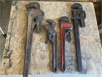 4 pipe wrenches, 2 rigid 24”, 12”, no name 14”