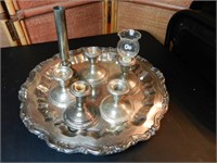 Silverplate Tray & Weighted Sterling Candleholders