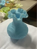 Vintage blue Fenton ruffled glass vase