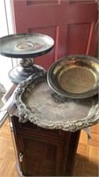 2 Silverplate Serving Trays and Silverplate Cake